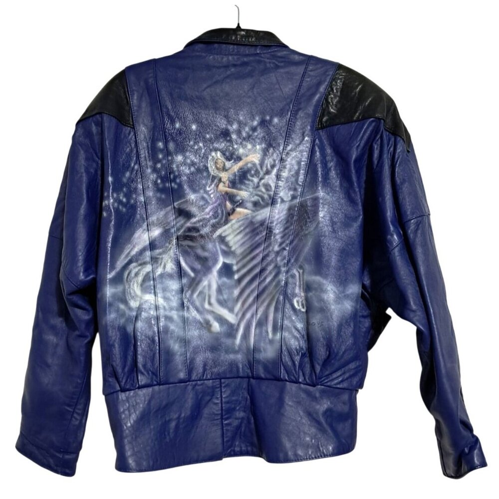 1995 Signed Geo Airbrushed Pegasus Fairy‎ Leather Bomber Jacket Sz 10 Vintage